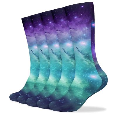 FZMVSLH Green Blue Purple Galaxy Socks for Women Men Cotton Sock Breathable Boot Socks Warm Calf Socks for Hiking Work Crew Socks Thin Casual Long Socks 5 Pairs