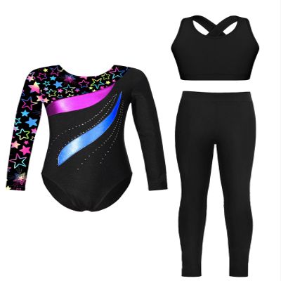 Aislor Kids Girls Gymnastics Dance Outfits Long Sleeve Leotard Cross Back Vest with Leggings Pants Set Activewear Star Black 10 Years