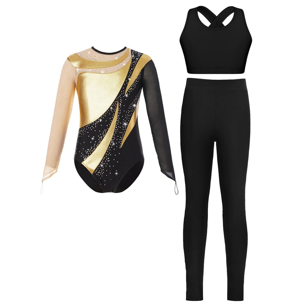 JEYPINMI Girls Dance Outfits 3 Piece Athletic Leggings with Leotard Crop Tops Athletic Workout Activewear Set Gold 8 Years