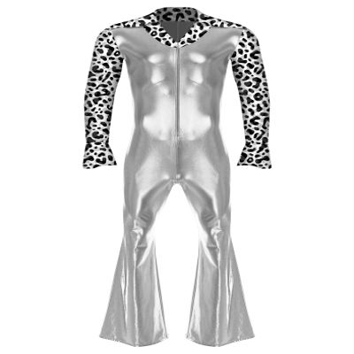 Riismen Men's 70s Disco Costume Metallic Shiny Patchwork Dance Jumpsuit Night Club Party Hippie Romper Silver Small