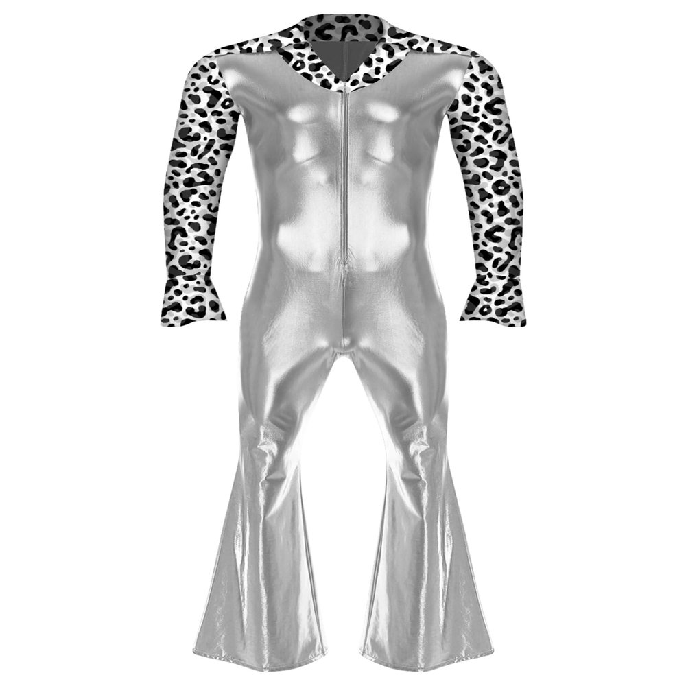 Riismen Men's 70s Disco Costume Metallic Shiny Patchwork Dance Jumpsuit Night Club Party Hippie Romper Silver Small