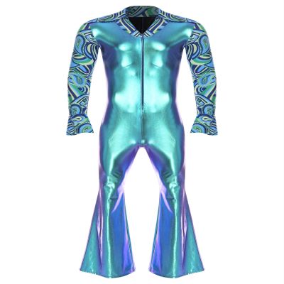 Riismen Men's 70s Disco Costume Metallic Shiny Patchwork Dance Jumpsuit Night Club Party Hippie Romper Blue 4X-Large
