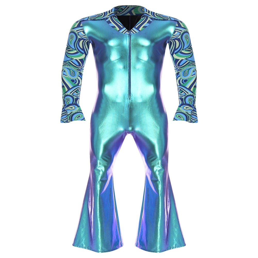 Riismen Men's 70s Disco Costume Metallic Shiny Patchwork Dance Jumpsuit Night Club Party Hippie Romper Blue 4X-Large