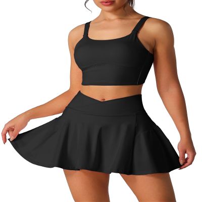 2 Piece Tennis Dress for Women High Waisted Pleated Skirt Sets Compression Sports Bra Golf Athletic Outfits Black