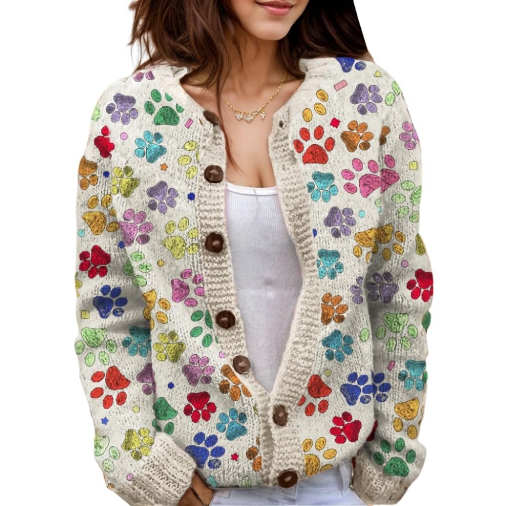 Akivide Women's Fall Cute Floral Print Open Front Knit Cardigan Sweater Winter Casual Loose Button Down Long Sleeve Coat