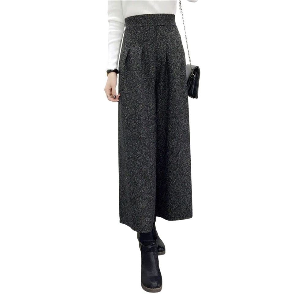 chouyatou Women's Winter High Waist Wide Leg Plaid Wool Blend Palazzo Capri Pants Culottes with Pockets (X-Small, Dark Gray)