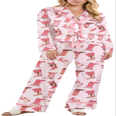 Yiulangde Galentines Pajama Cowboy Boots Heart Pjs Sets Satin Bow Knot Tie Pajamas for Women Galentine's Day Silk Pajamas Lounge Pj Set