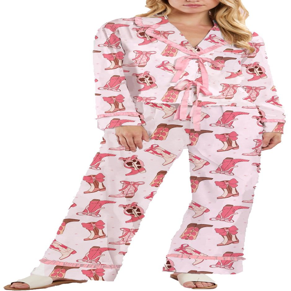 Yiulangde Galentines Pajama Cowboy Boots Heart Pjs Sets Satin Bow Knot Tie Pajamas for Women Galentine's Day Silk Pajamas Lounge Pj Set