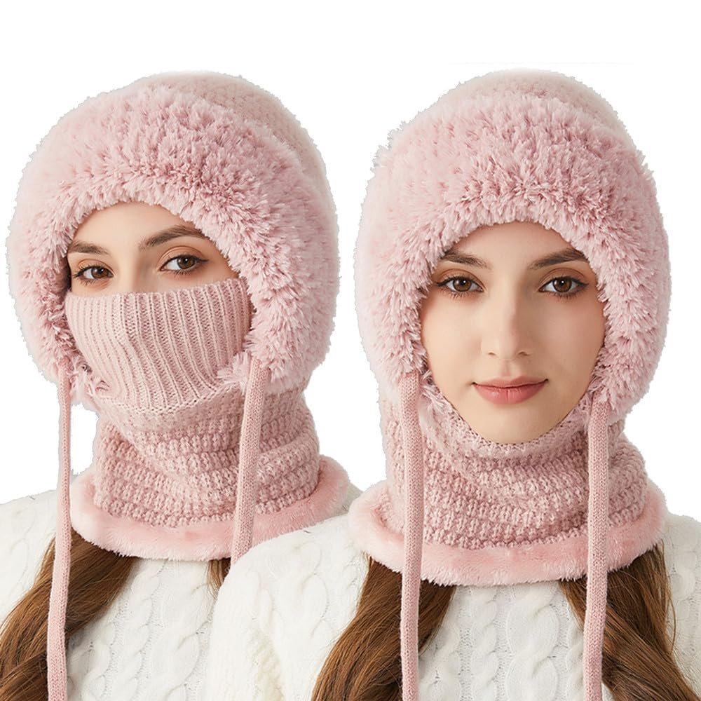 USLEAN 3-in-1 Winter Balaclava for Women, Women's Outdoors Windproof Scarf Hat (Pink,one Size)
