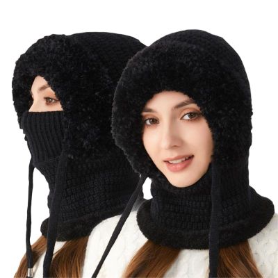 3 in 1 Beanie Hat with Scarf and Mask, 3 in 1 Beanie Hat for Women, Knitted Ski Scarf and Mask Set, Balaclava Hats (US, Alpha, One Size, Black)