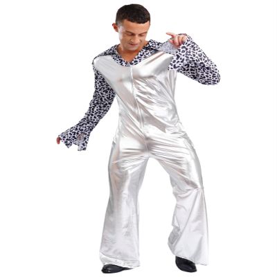 XUNZOO Men's Dance Costume 70s Disco Lapel V Neck Flare Sleeve with Bottom Pants Hippie Rompers Silver 4X-Large