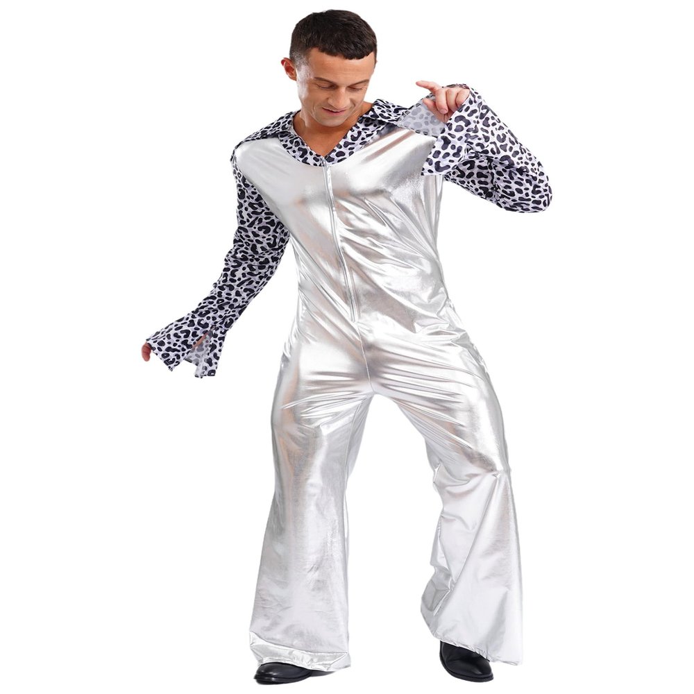XUNZOO Men's Dance Costume 70s Disco Lapel V Neck Flare Sleeve with Bottom Pants Hippie Rompers Silver 4X-Large