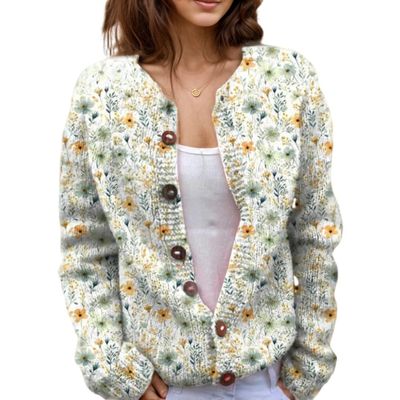 Akivide Women's Fall Cute Floral Print Open Front Knit Cardigan Sweater Winter Casual Loose Button Down Long Sleeve Coat