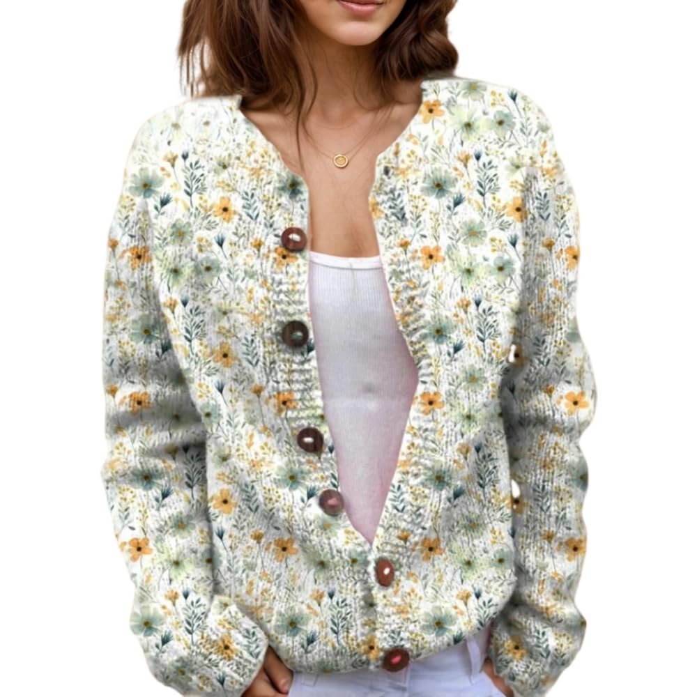 Akivide Women's Fall Cute Floral Print Open Front Knit Cardigan Sweater Winter Casual Loose Button Down Long Sleeve Coat