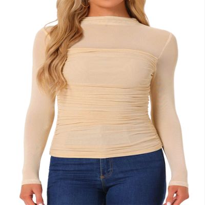 Allegra K Mesh Top Women Sheer Long Sleeve Mock Neck Slim Fit Shirts Trendy Fall Outfit Ruched Going Out Tops X-Large Apricots