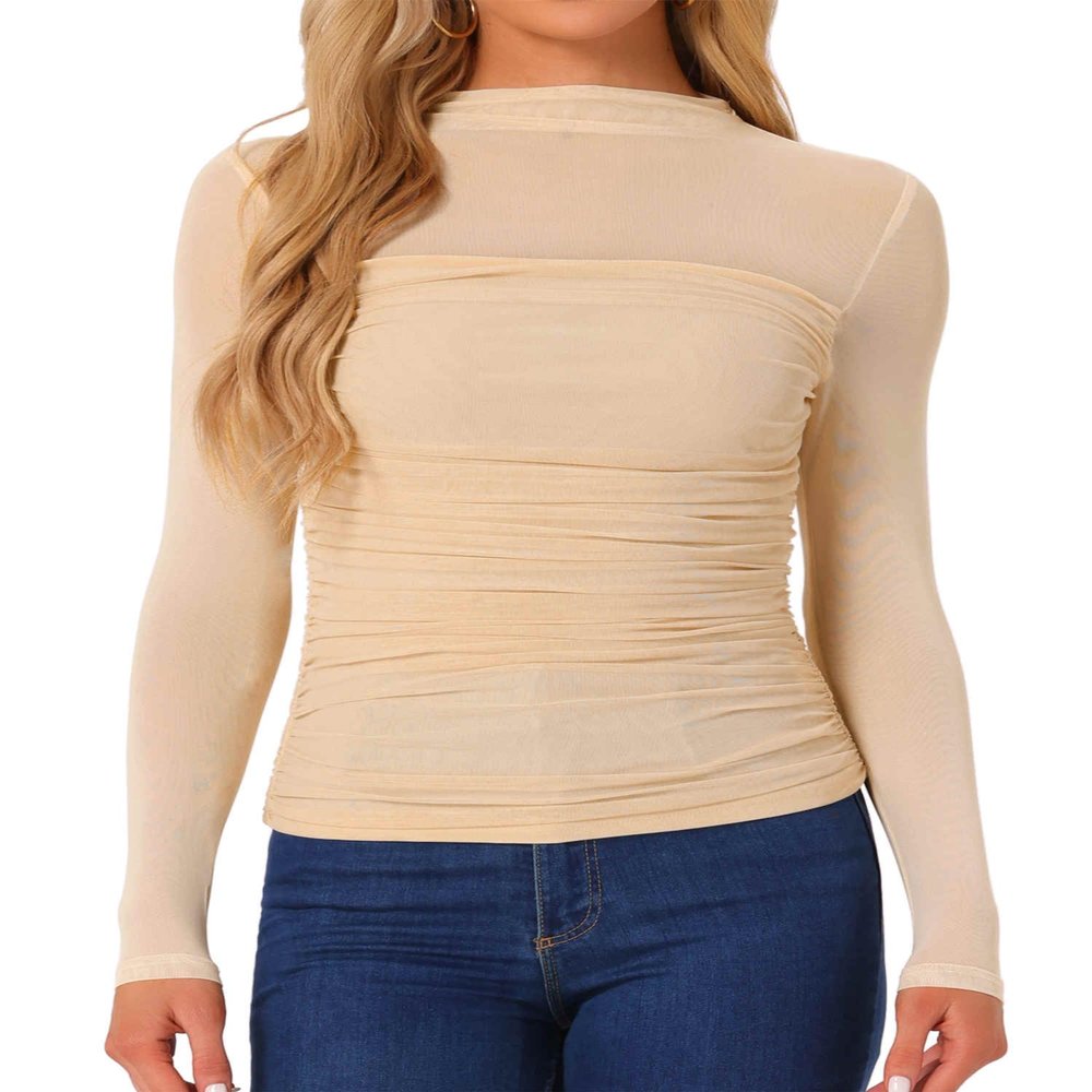 Allegra K Mesh Top Women Sheer Long Sleeve Mock Neck Slim Fit Shirts Trendy Fall Outfit Ruched Going Out Tops X-Large Apricots