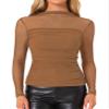 Allegra K Mesh Top Women Sheer Long Sleeve Mock Neck Slim Fit Shirts Trendy Fall Outfit Ruched Going Out Tops Large Brown view 1