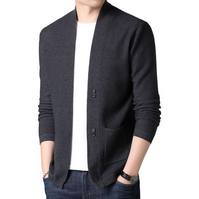 Men's V Neck Rib Knit Open Sweater Lightweight Button Down Knitted Cardigan Solid Slim Fit Knitwear Outerwear (Grey,Large)