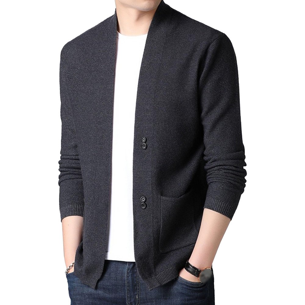 Men's V Neck Rib Knit Open Sweater Lightweight Button Down Knitted Cardigan Solid Slim Fit Knitwear Outerwear (Grey,Large)