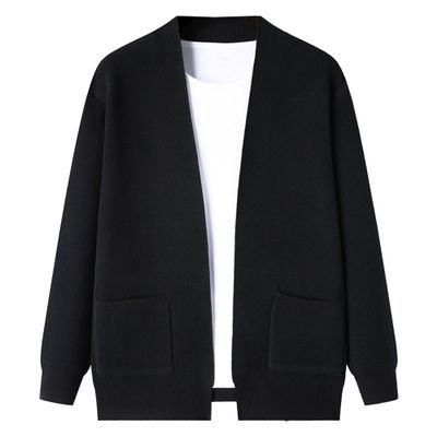 Men's Knitwear Long Sleeve Cardigan V-Neck Collar Casual Knitted Sweater Slim Sweater Style Knitted Jacket (Black,Large)