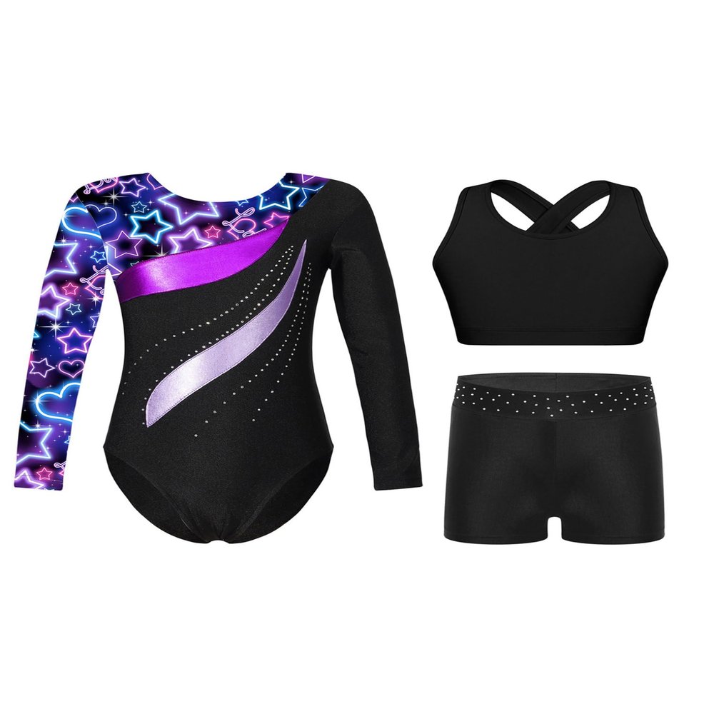 ACSUSS Kids Leotard Girls Gymnastics One Piece Set Unitard with Crop Top Vest and Shorts Sparkly Active Dancewear Starry Sky Black 14 Years