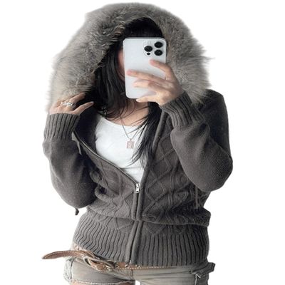 KMBANGI Women Fur Trim Crop Hoodies Zip Up Y2k Long Sleeve Cropped Sweatshirt Zipper Furry Hooded Jacket with Pockets (Knitted Gray,L)