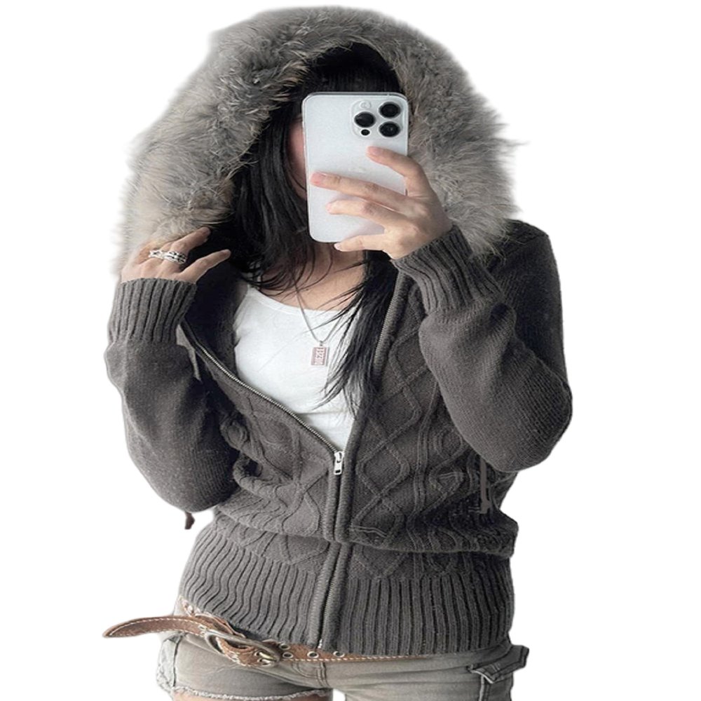 KMBANGI Women Fur Trim Crop Hoodies Zip Up Y2k Long Sleeve Cropped Sweatshirt Zipper Furry Hooded Jacket with Pockets (Knitted Gray,L)