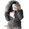 KMBANGI Women Fur Trim Crop Hoodies Zip Up Y2k Long Sleeve Cropped Sweatshirt Zipper Furry Hooded Jacket with Pockets (Knitted Gray,L) view 1