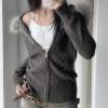 KMBANGI Women Fur Trim Crop Hoodies Zip Up Y2k Long Sleeve Cropped Sweatshirt Zipper Furry Hooded Jacket with Pockets (Knitted Gray,L) view 2