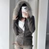 KMBANGI Women Fur Trim Crop Hoodies Zip Up Y2k Long Sleeve Cropped Sweatshirt Zipper Furry Hooded Jacket with Pockets (Knitted Gray,L) view 3