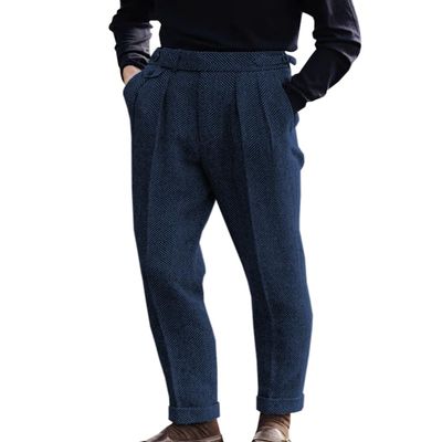 Men's High Waisted Tweed Dress Pants Pleated Front Vintage Wool Trousers (Navy, 40W x 32L)