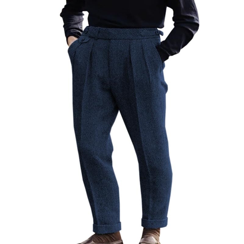Men's High Waisted Tweed Dress Pants Pleated Front Vintage Wool Trousers (Navy, 40W x 32L)