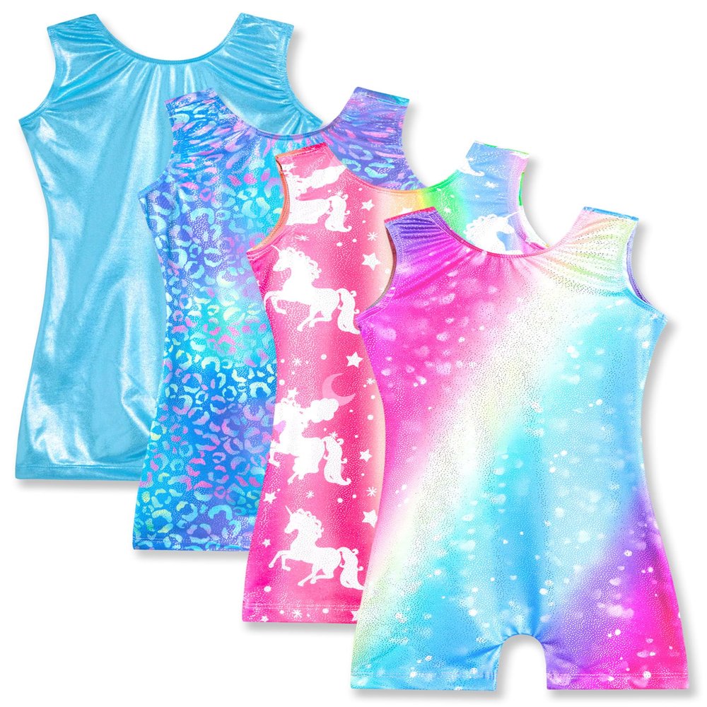 Nymphperi 4 Packs Gymnastics Leotard for Girls Size 5-6Y Sparkle Biketards with Shorts Kids Sleeveless Unitard One-Piece Dancewear