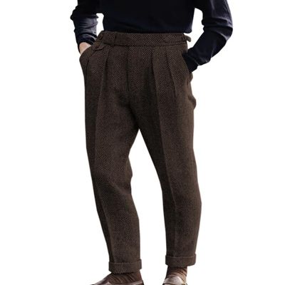 Men's High Waisted Tweed Dress Pants Pleated Front Vintage Wool Trousers (Coffee, 38W x 30L)