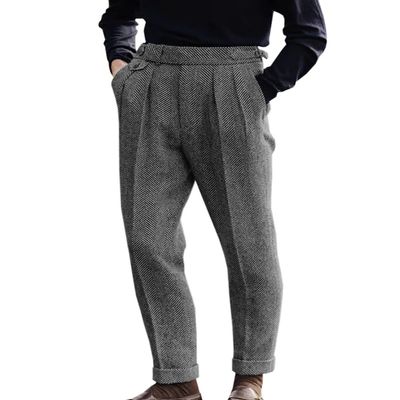 Men's High Waisted Tweed Dress Pants Pleated Front Vintage Wool Trousers (Grey, 40W x 30L)