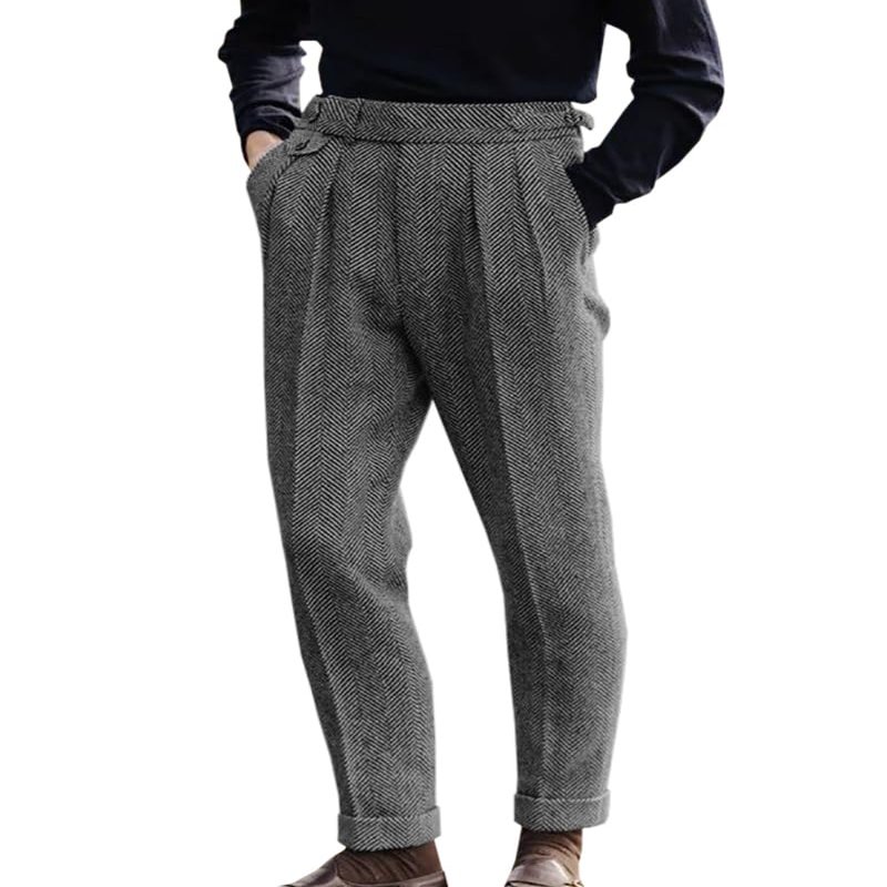 Men's High Waisted Tweed Dress Pants Pleated Front Vintage Wool Trousers (Grey, 40W x 30L)