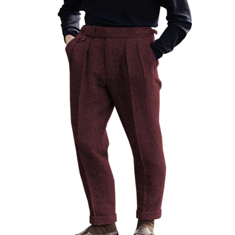 Men's High Waisted Tweed Dress Pants Pleated Front Vintage Wool Trousers (Burgundy, 32W x 32L)