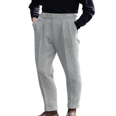Men's High Waisted Tweed Dress Pants Pleated Front Vintage Wool Trousers (Silver, 40W x 30L)