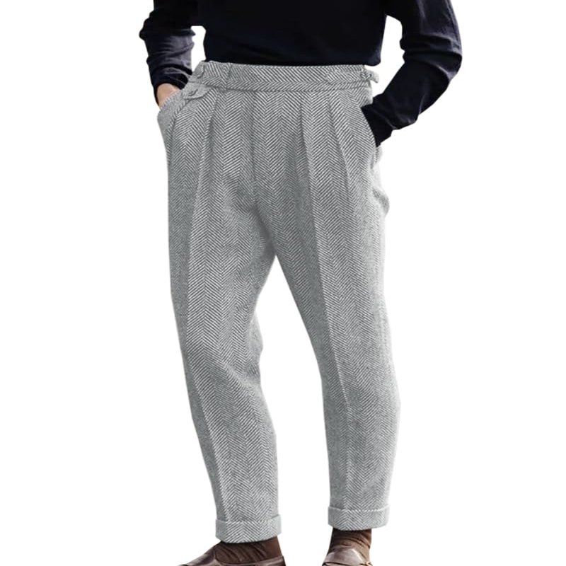Men's High Waisted Tweed Dress Pants Pleated Front Vintage Wool Trousers (Silver, 40W x 30L)