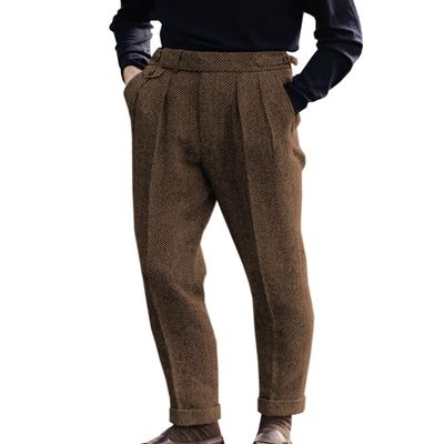 Men's High Waisted Tweed Dress Pants Pleated Front Vintage Wool Trousers (Brown, 29W x 28L)
