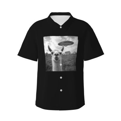 WYLJY Men's Funny Llama UFO Hawaiian Shirts, Alien Short Sleeve Button Down Shirts