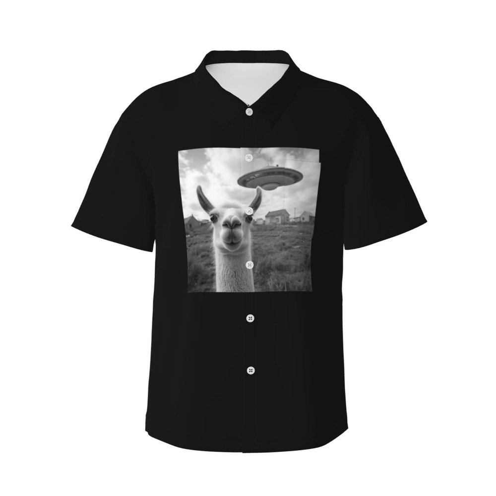 WYLJY Men's Funny Llama UFO Hawaiian Shirts, Alien Short Sleeve Button Down Shirts