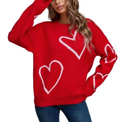 Muineobuka Y2K Heart Graphic Sweater for Women Oversized Crew Neck Knitted Pullover Cute Graphic Sweater Pullover Red
