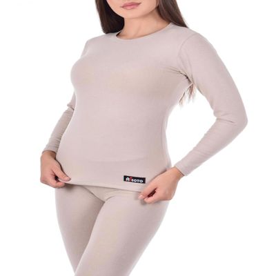 Amarina Beige Women's Long Sleeve Wool Thermal Blouse Urban Large S-4XL Size (US, Alpha, 3X-Large, Regular, Short, Plus Size, Beige)
