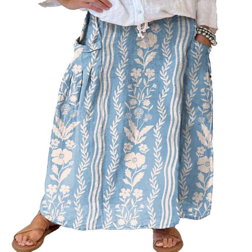 chouyatou Women's Vertical Striped High Waist Maxi Skirt Vintage Floral Cotton Long Skirt with Pockets (XX-Large, Flower)
