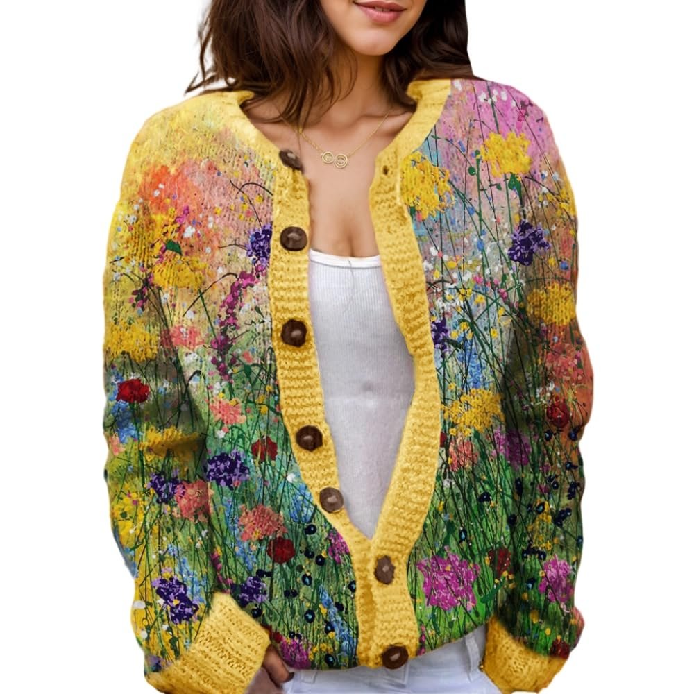 Akivide Women's Fall Cute Floral Print Open Front Knit Cardigan Sweater Winter Casual Loose Button Down Long Sleeve Coat