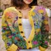 Akivide Women's Fall Cute Floral Print Open Front Knit Cardigan Sweater Winter Casual Loose Button Down Long Sleeve Coat view 2