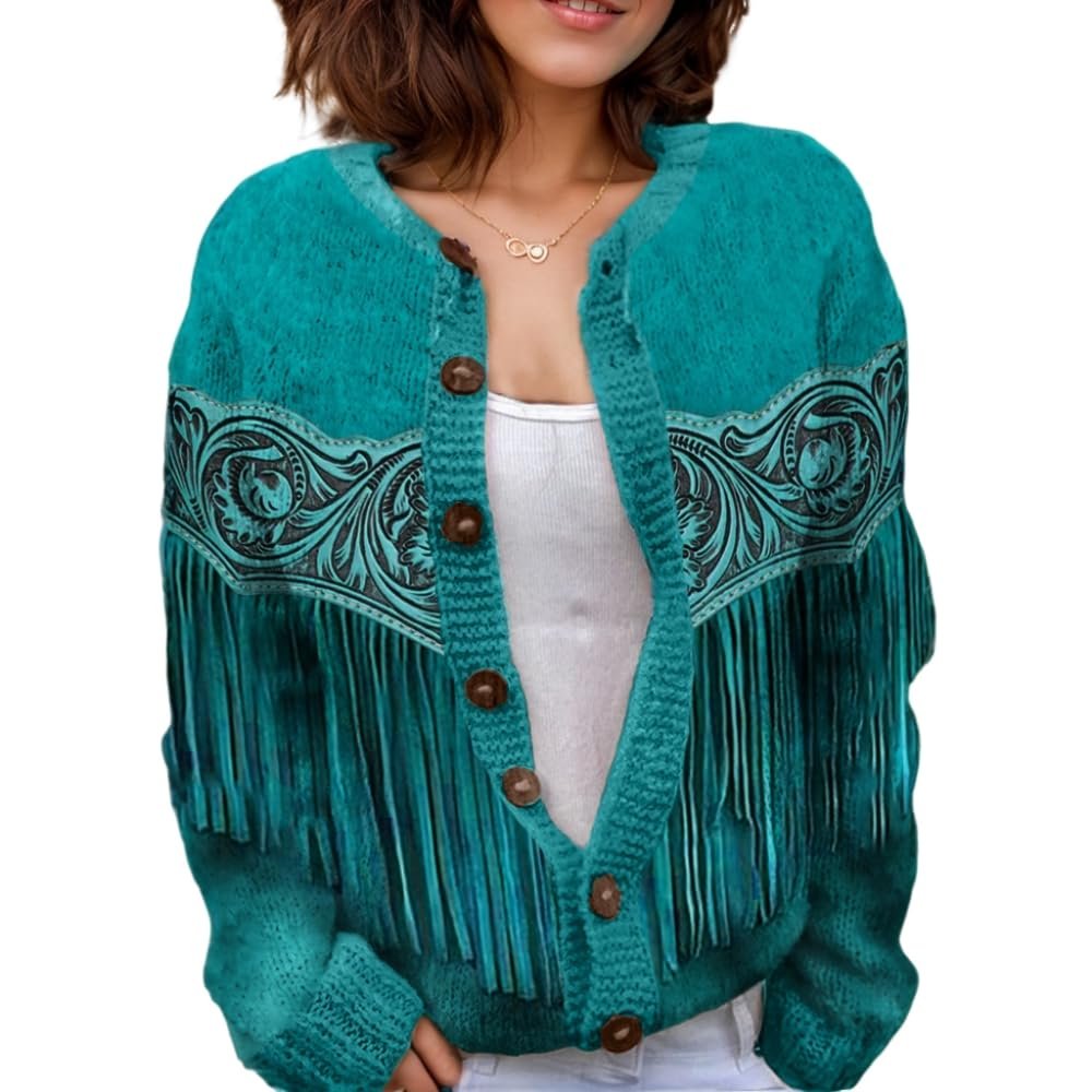 Akivide Women's Fall Cute Floral Print Open Front Knit Cardigan Sweater Winter Casual Loose Button Down Long Sleeve Coat
