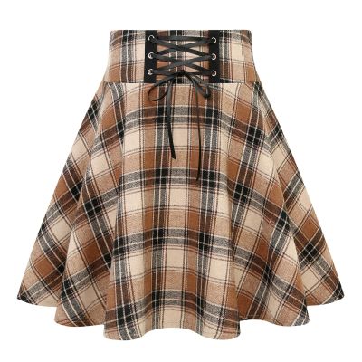 IDEALSANXUN Plaid Skirts for Women 2025 Fall Winter Cute Y2k High Waisted A Line Gothic Short Pleated Mini Skirt, Plaid Light Brown, XL