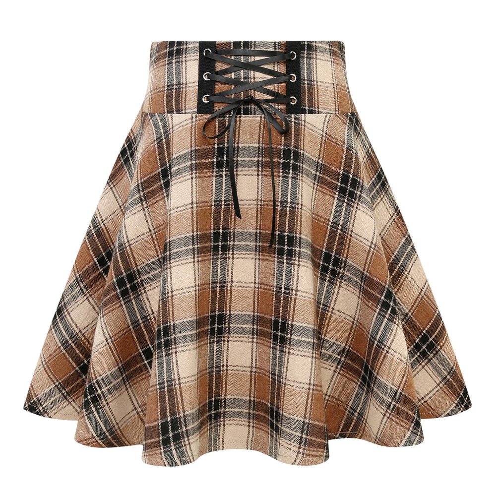 IDEALSANXUN Plaid Skirts for Women 2025 Fall Winter Cute Y2k High Waisted A Line Gothic Short Pleated Mini Skirt, Plaid Light Brown, XL